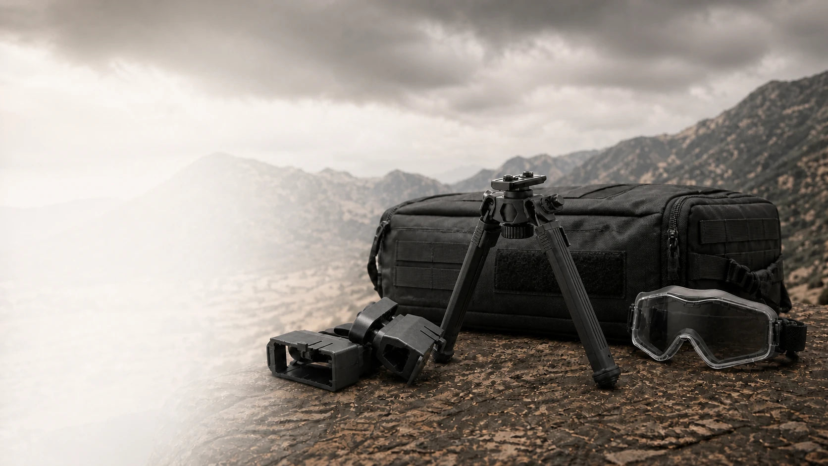 RETACKIT Premium Stability Bipod, loader and protective goggles in a mountain field environment