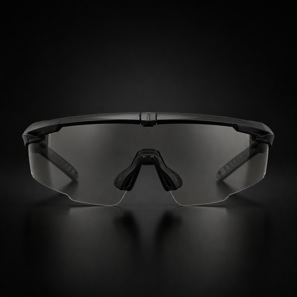 Black tactical goggles, front view, transparent lenses, adjustable nose pad, protective eyewear for outdoor, CS, and field combat.