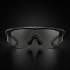 Black tactical goggles, front view, transparent lenses, adjustable nose pad, protective eyewear for outdoor, CS, and field combat.
