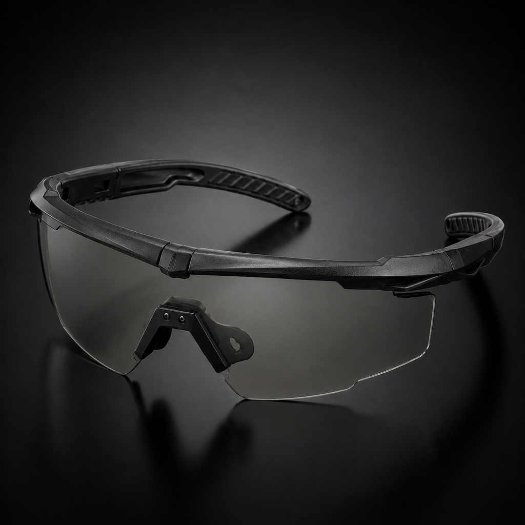 Black tactical goggles, 45-degree view, highlighting frame, transparent lenses, adjustable nose pad, e-commerce protective eyewear for CS and outdoor use.