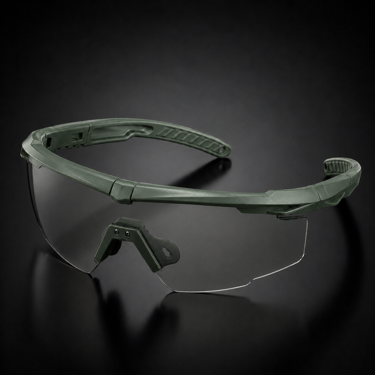 Army green tactical goggles, 45-degree view, transparent lenses, adjustable nose pad, premium protective eyewear for outdoor, CS, and field combat.