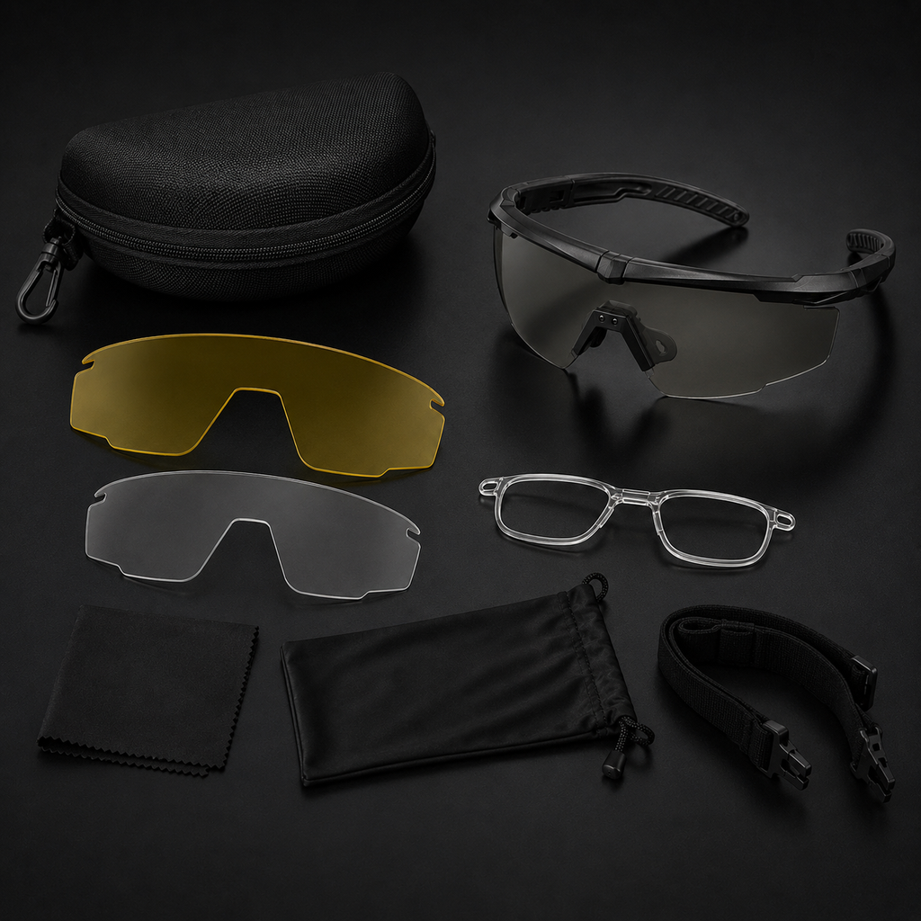 Flat lay of army green tactical goggles kit, removable lenses and adjustable strap, transparent lenses, protective eyewear for CS, outdoor, and field combat.