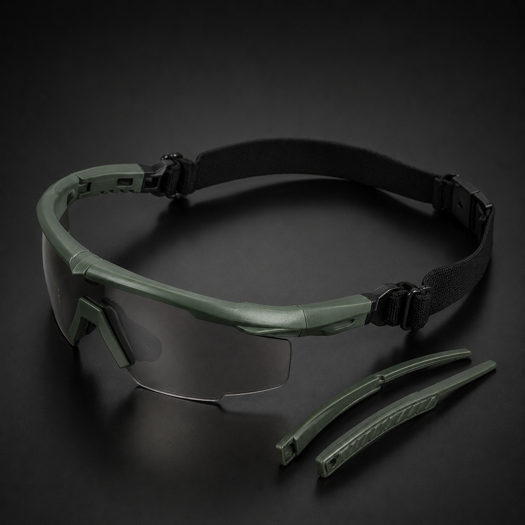 Flat lay of black tactical goggles with adjustable strap, transparent lenses, anti-slip nose pad, complete protective eyewear kit for outdoor, CS, and field combat.