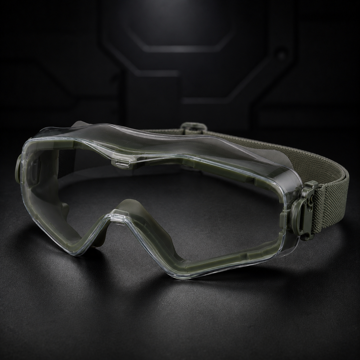 OD green RETACKIT Tactical Assault Goggles Pro, 45-degree front view, showing transparent lens, frame details, nose bridge, and strap attachments. High-end dark studio background, anti-fog lenses, outdoor and airsoft ready.