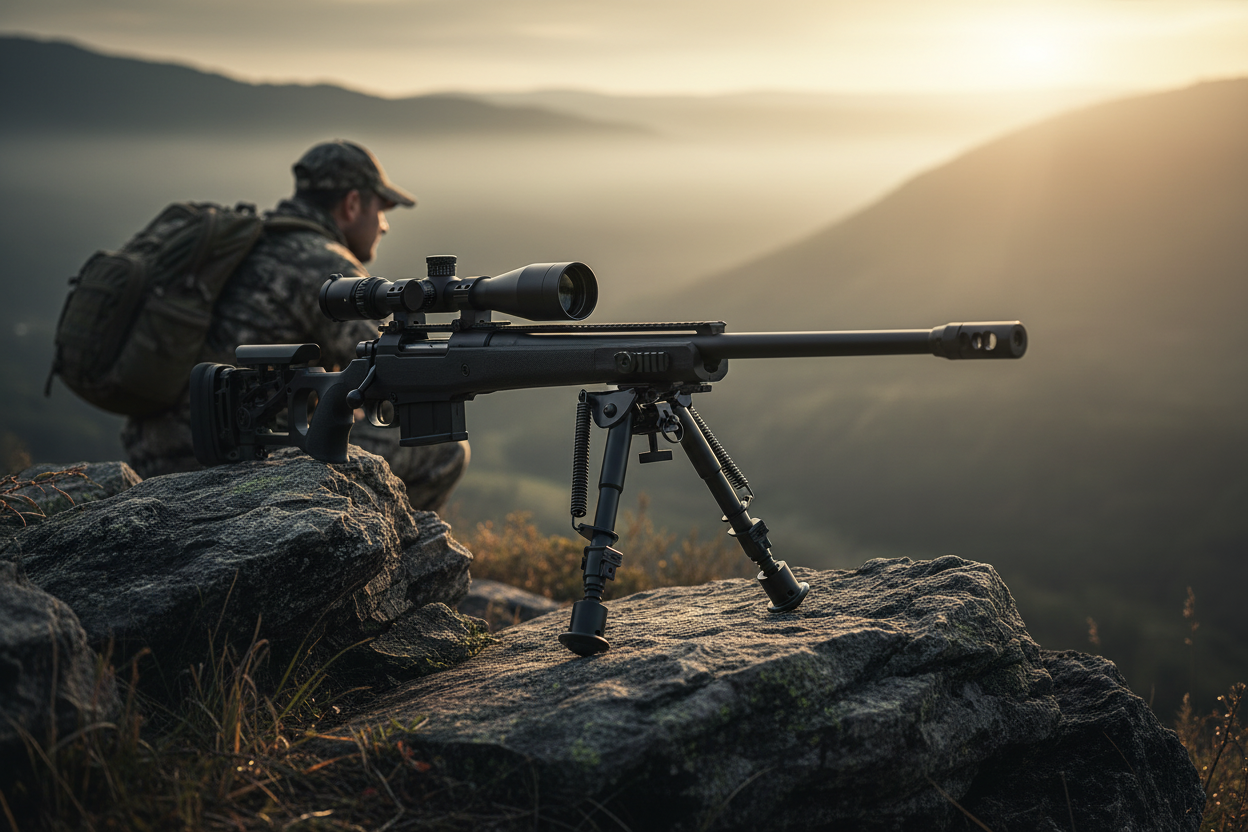 RETACKIT 6-9 inch tactical rifle bipod deployed on rocky terrain during outdoor hunting at dawn