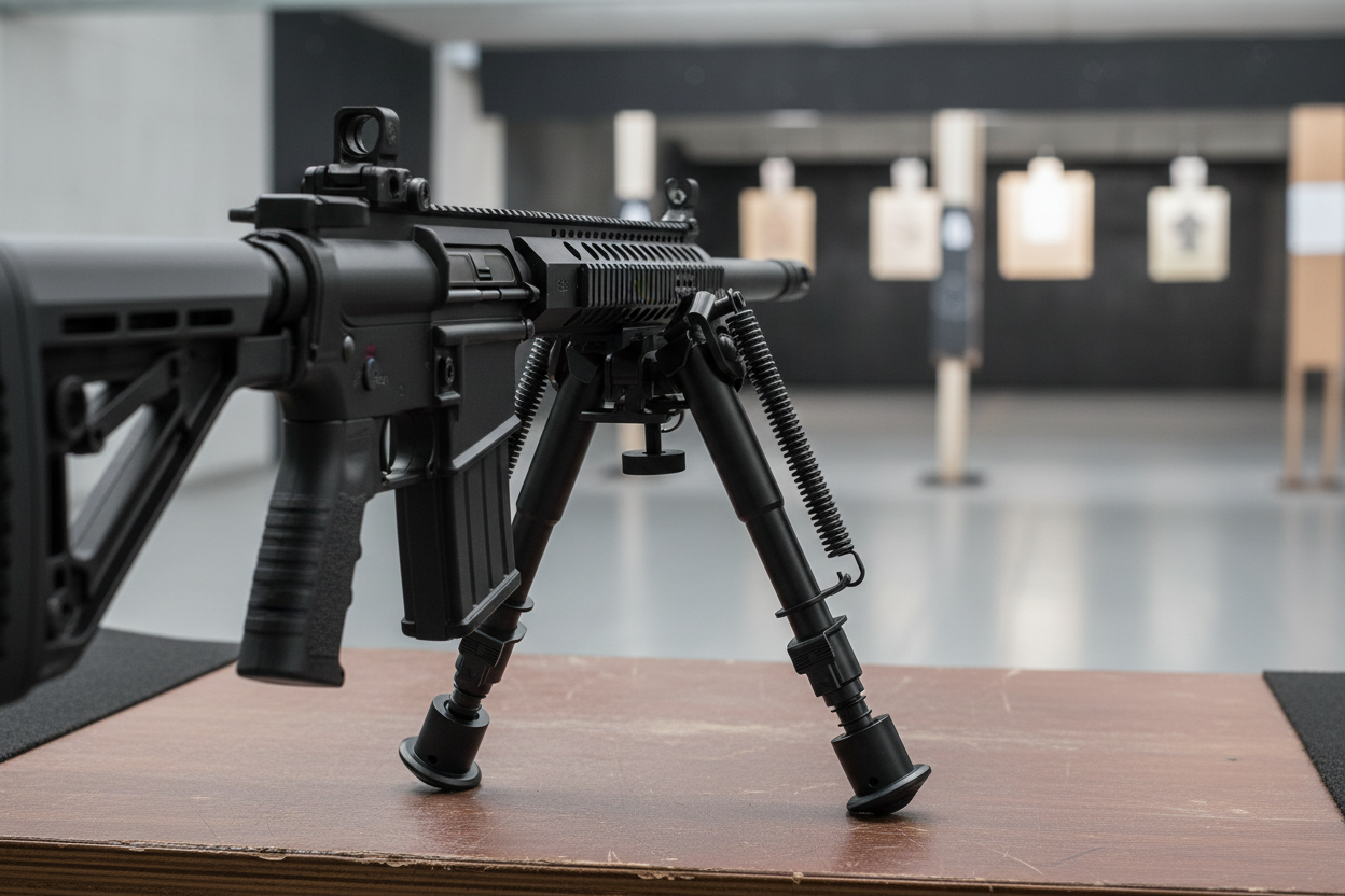 RETACKIT tactical bipod with Picatinny adapter on shooting bench showing 5-position adjustment system