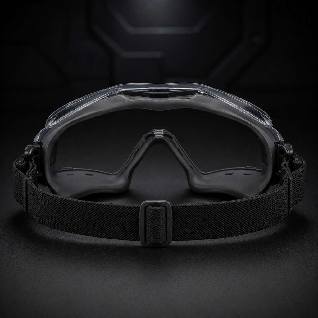 Rear view of RETACKIT Tactical Assault Goggles Pro, showing interior frame, nose support, strap attachment, and cushioning. Dark minimalist background, high-end tactical eyewear for airsoft, CS, and outdoor training.