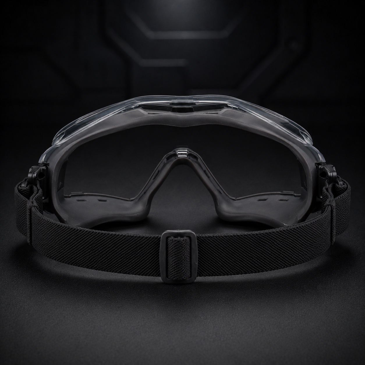 Rear view of RETACKIT Tactical Assault Goggles Pro, showing interior frame, nose support, strap attachment, and cushioning. Dark minimalist background, high-end tactical eyewear for airsoft, CS, and outdoor training.