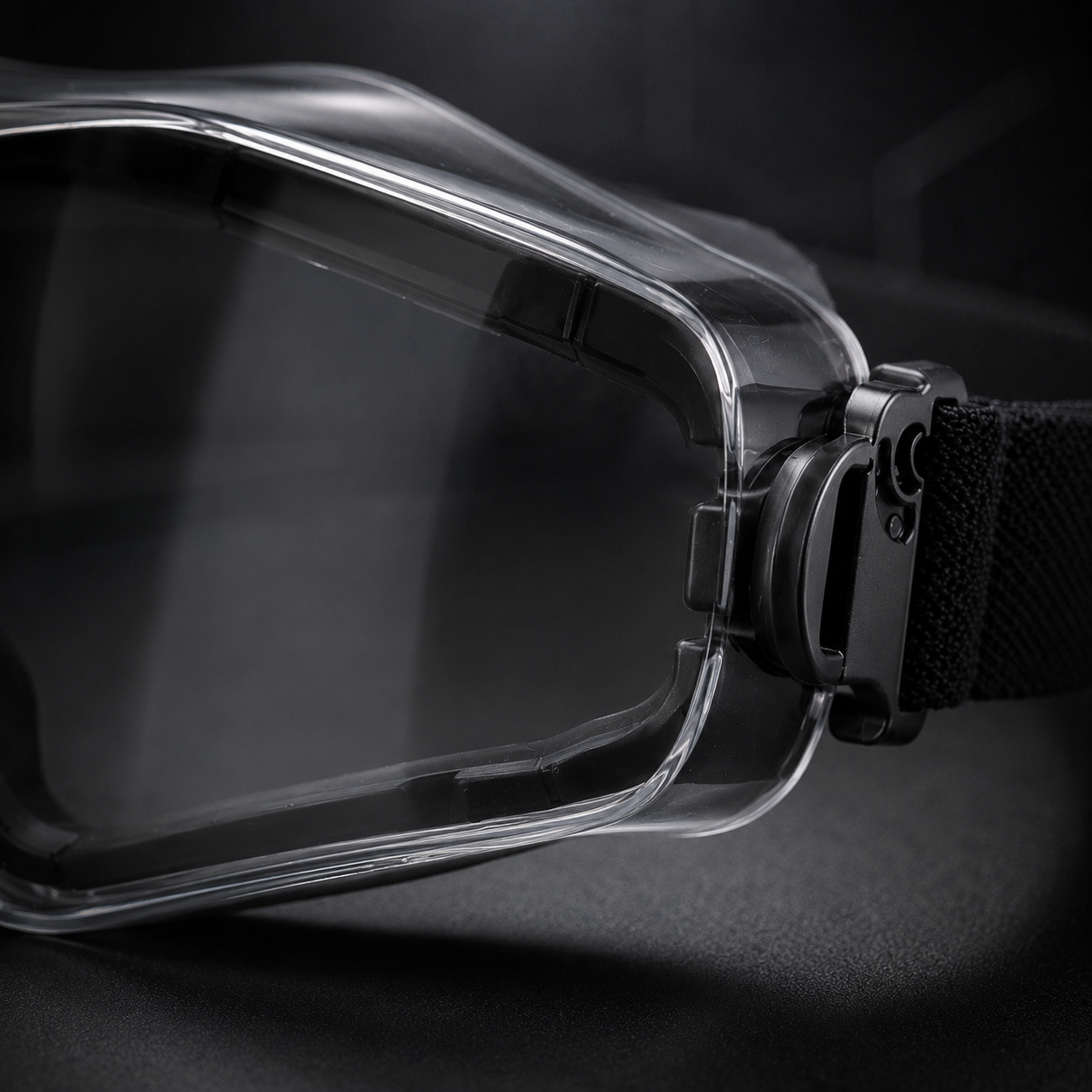Close-up of the black tactical goggles front corner, emphasizing lens-frame junction, lens transparency, frame contour, and premium material texture. Dark tech-inspired ecommerce background, anti-fog protective eyewear.
