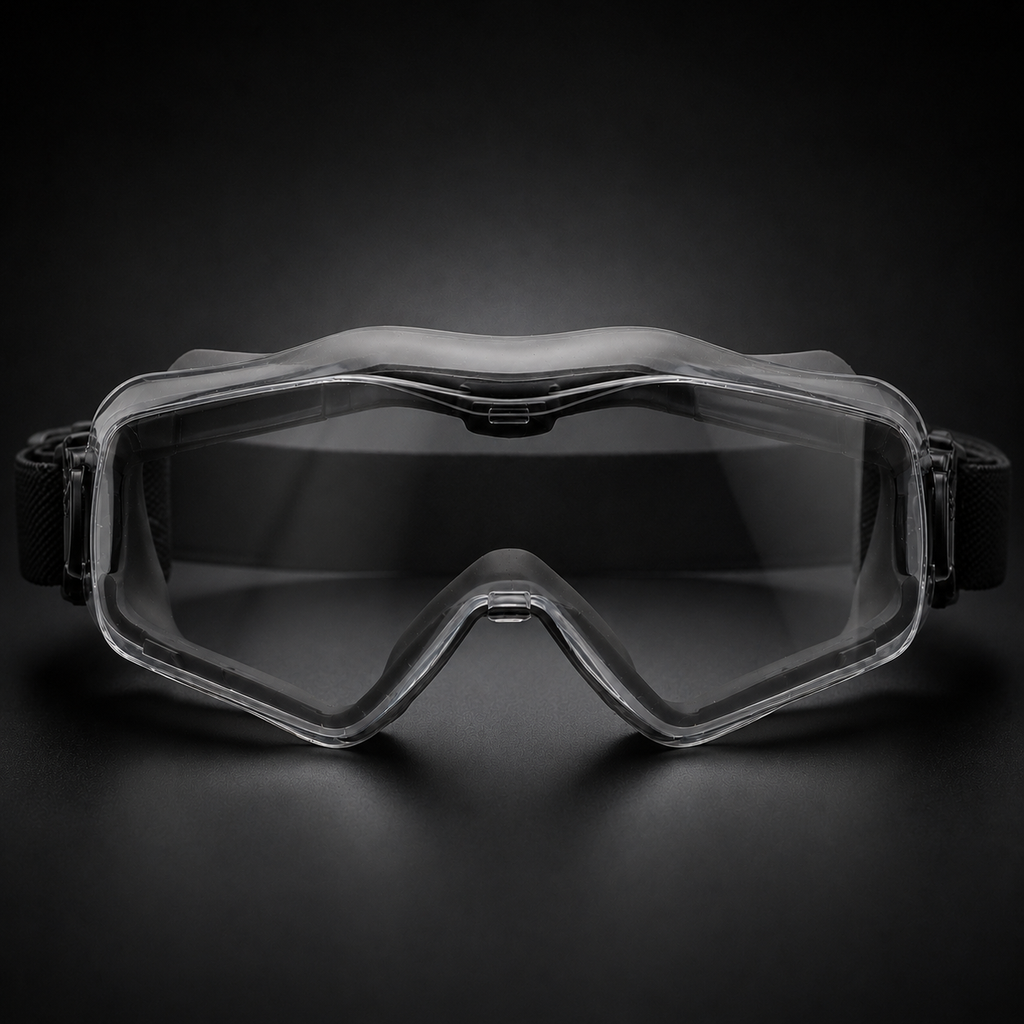 RETACKIT Tactical Assault Goggles Pro front view on dark premium background, showing clear lens, black frame, nose bridge, and adjustable strap. High-end ecommerce hero image, anti-fog lenses, airsoft and outdoor use.