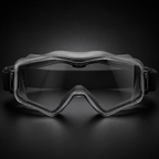 RETACKIT Tactical Assault Goggles Pro front view on dark premium background, showing clear lens, black frame, nose bridge, and adjustable strap. High-end ecommerce hero image, anti-fog lenses, airsoft and outdoor use.