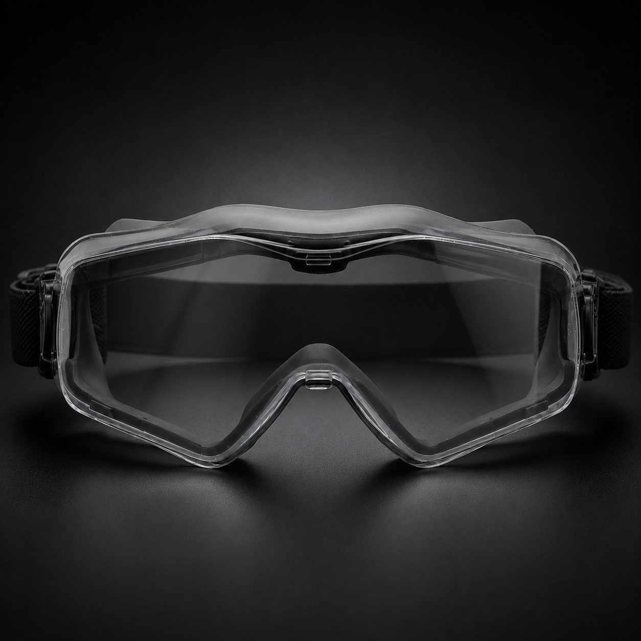 RETACKIT Tactical Assault Goggles Pro front view on dark premium background, showing clear lens, black frame, nose bridge, and adjustable strap. High-end ecommerce hero image, anti-fog lenses, airsoft and outdoor use.