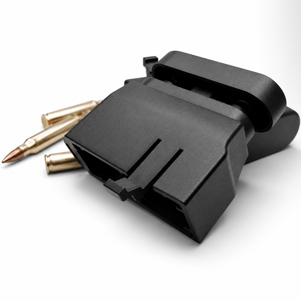 RETACKIT 2-in-1 AR15/M4 magazine loader and unloader shown with 5.56/.223 rifle cartridges on a white background
