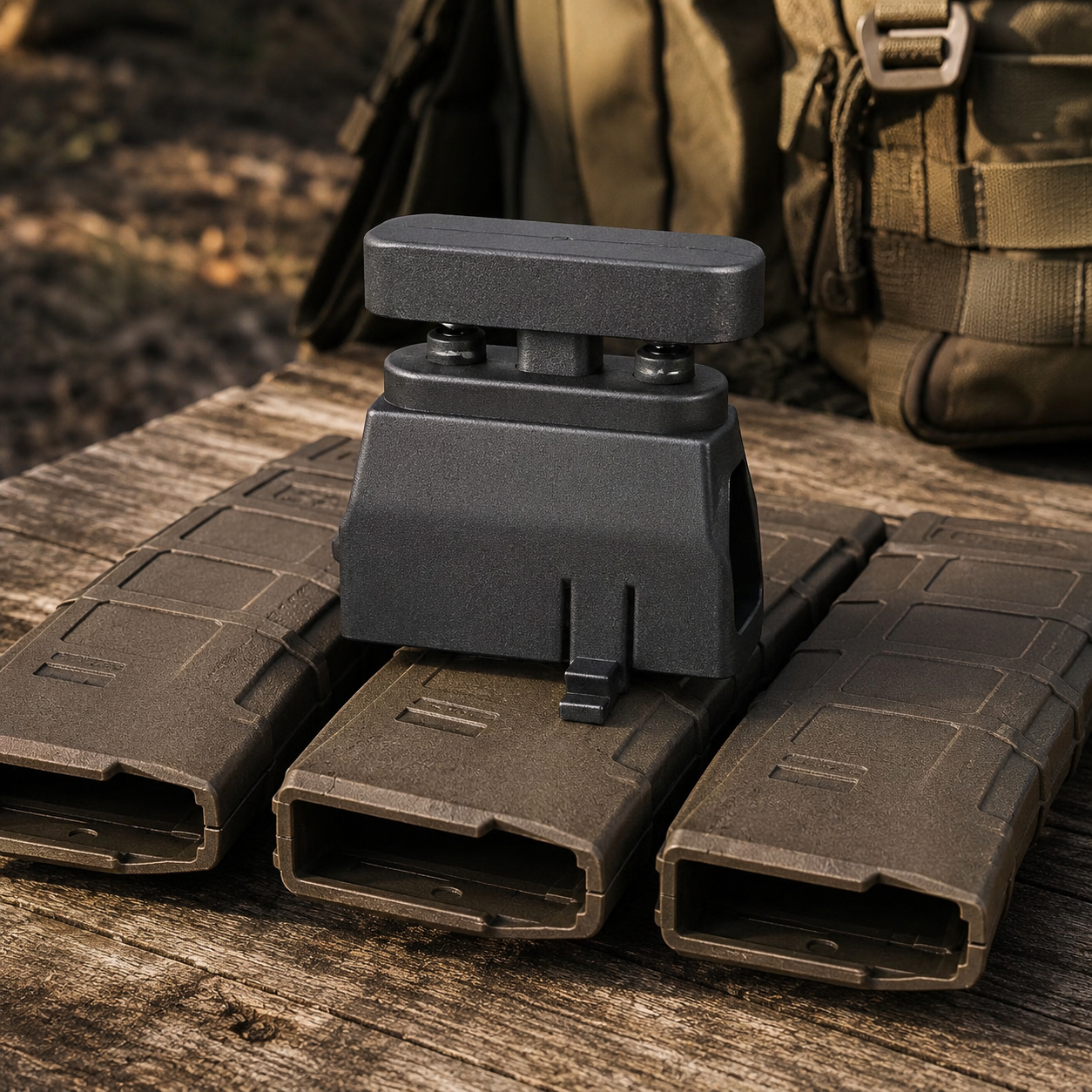 RETACKIT AR15/M4 magazine loader and unloader displayed on three compatible 5.56/.223 AR15 magazines in an outdoor tactical gear setting