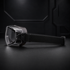 Black tactical goggles side view, highlighting frame depth, lens thickness, strap hardware, and buckle detail. Minimal premium dark background, realistic transparent lens, suitable for ecommerce product listing.