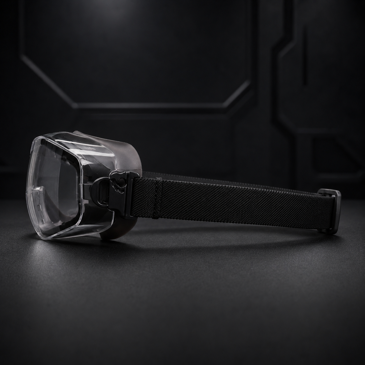 Black tactical goggles side view, highlighting frame depth, lens thickness, strap hardware, and buckle detail. Minimal premium dark background, realistic transparent lens, suitable for ecommerce product listing.