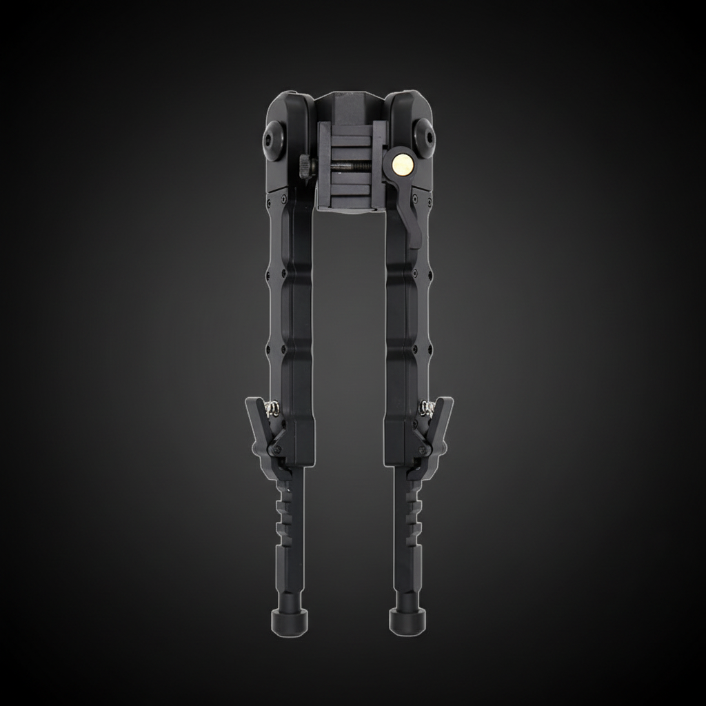 RETACKIT Tactical Bipod Black Front View - Folded Position - Quick Detach Picatinny Rail Mount - Aluminum Construction