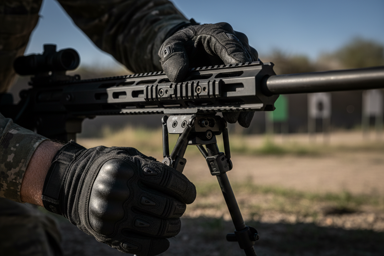 RETACKIT Compact Bipod Adjustment Close-Up - Tactical Gloves Operating Quick-Lock Mechanism - Picatinny Rail Mount System - Knurled Grips - Shooting Range Application