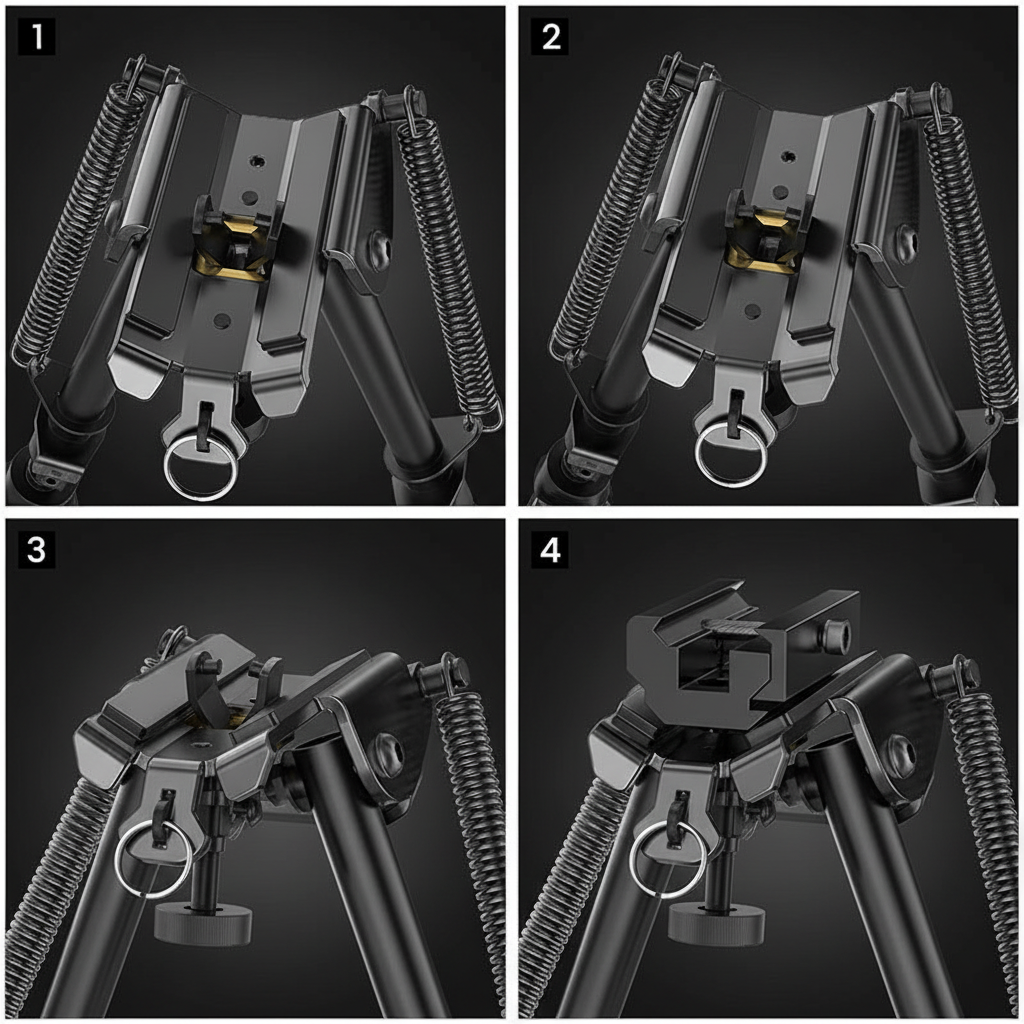 RETACKIT Tactical Bipod Installation Guide - 4 Panel Instructions - Picatinny Rail Mounting System - Quick Attach Detach Swivel Stud - Rotation Features