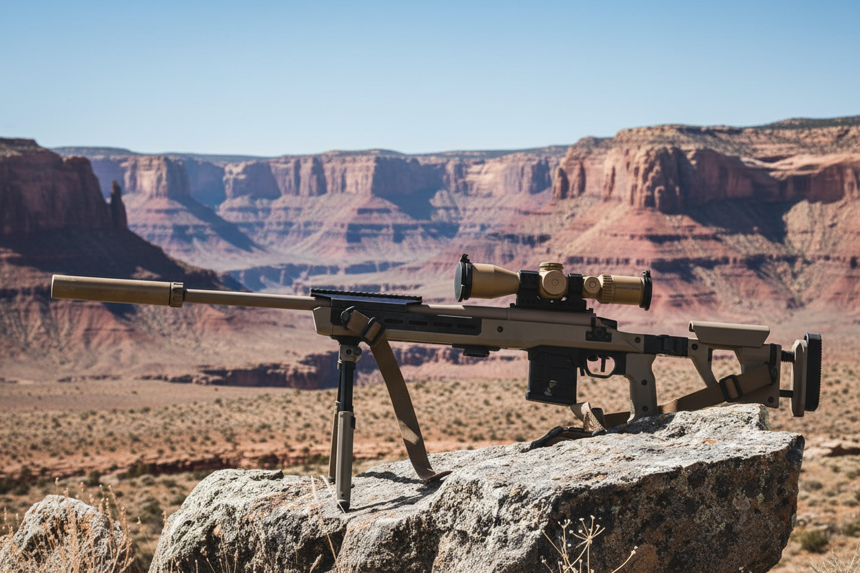 RETACKIT Tactical Bipod on Precision Rifle - Desert Canyon Shooting Position with FDE Finish
