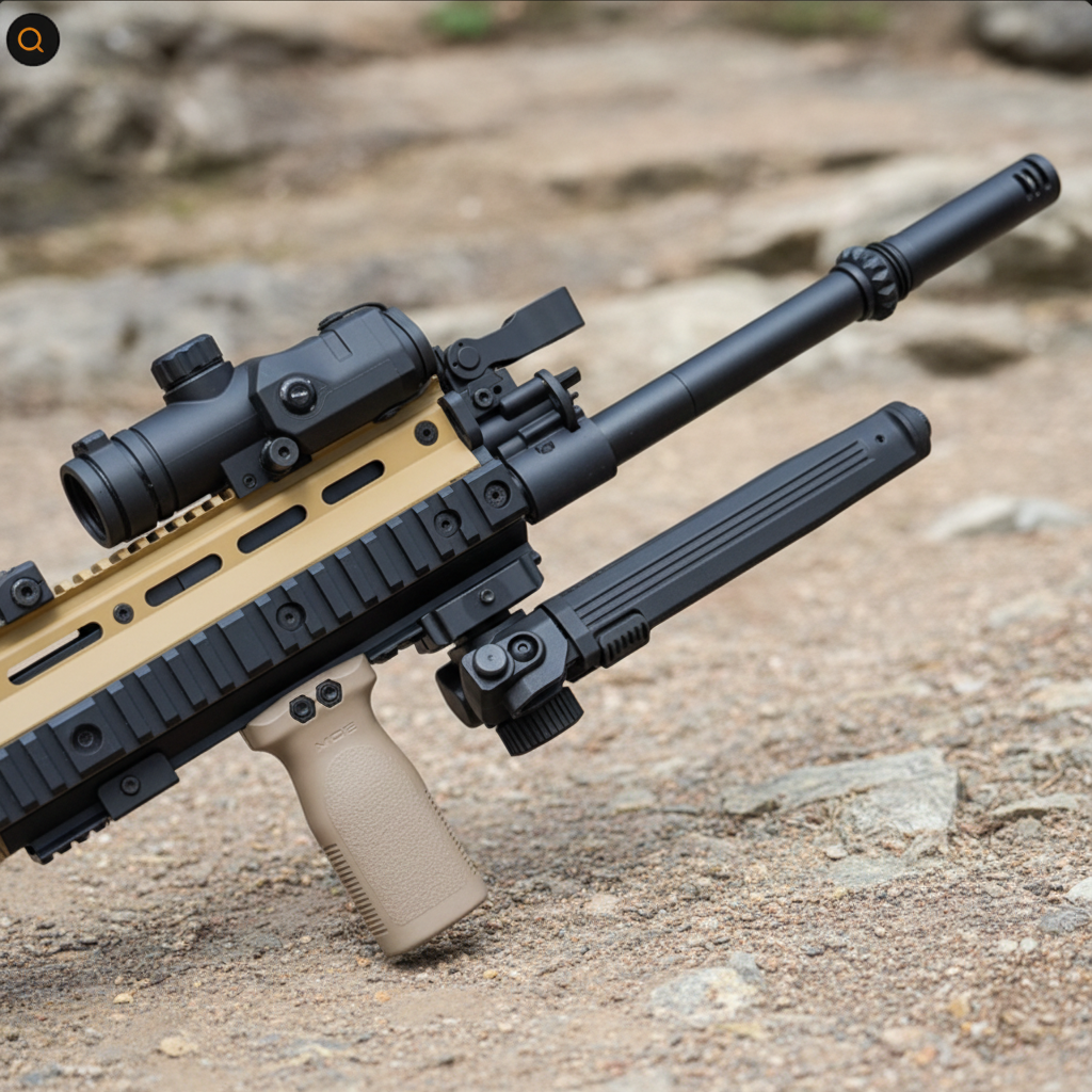 RETACKIT Picatinny Bipod on FDE Tactical Rifle - Outdoor Field Shooting Setup