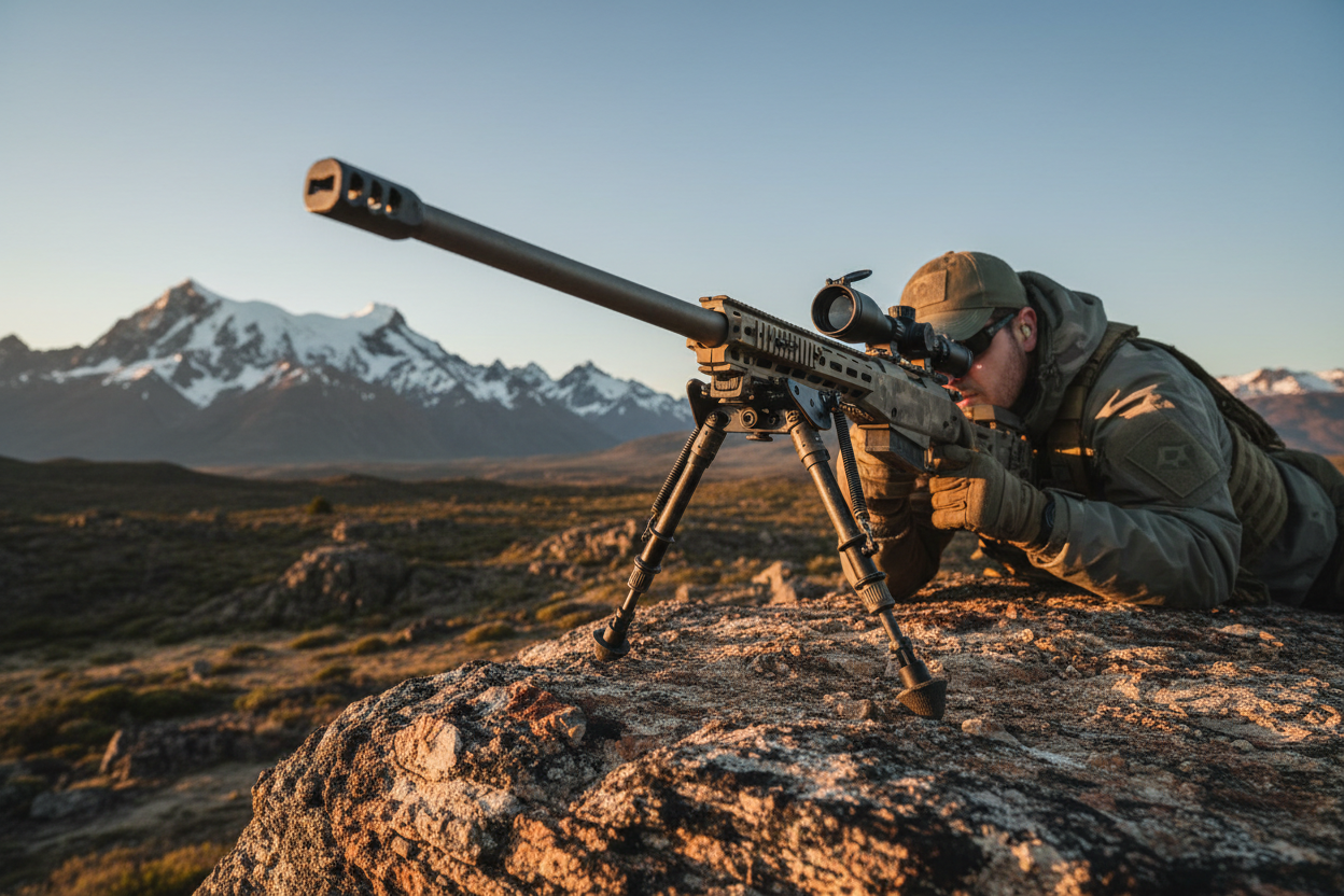 Tactical Bipod in Patagonia Mountain Landscape